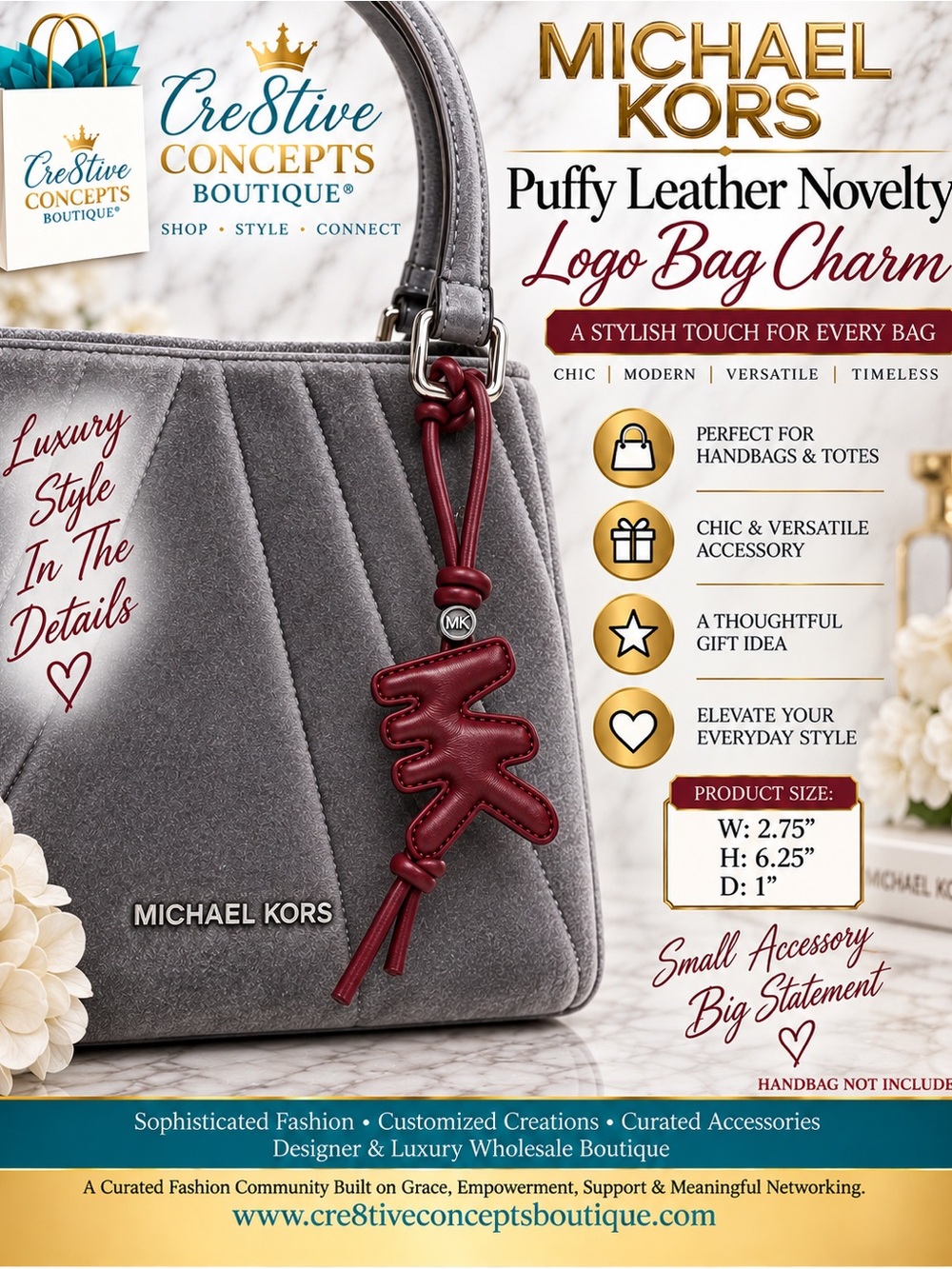 Michael Kors Puffy Leather Novelty Logo Bag Charm – Burgundy
